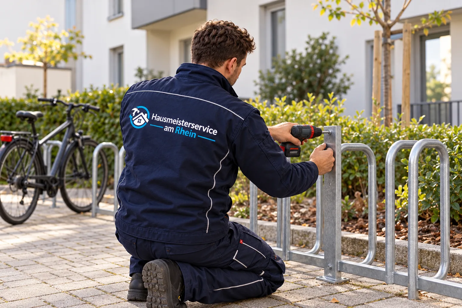 Hausmeister befestigt einen Türgriff im Gemeinschaftsbereich