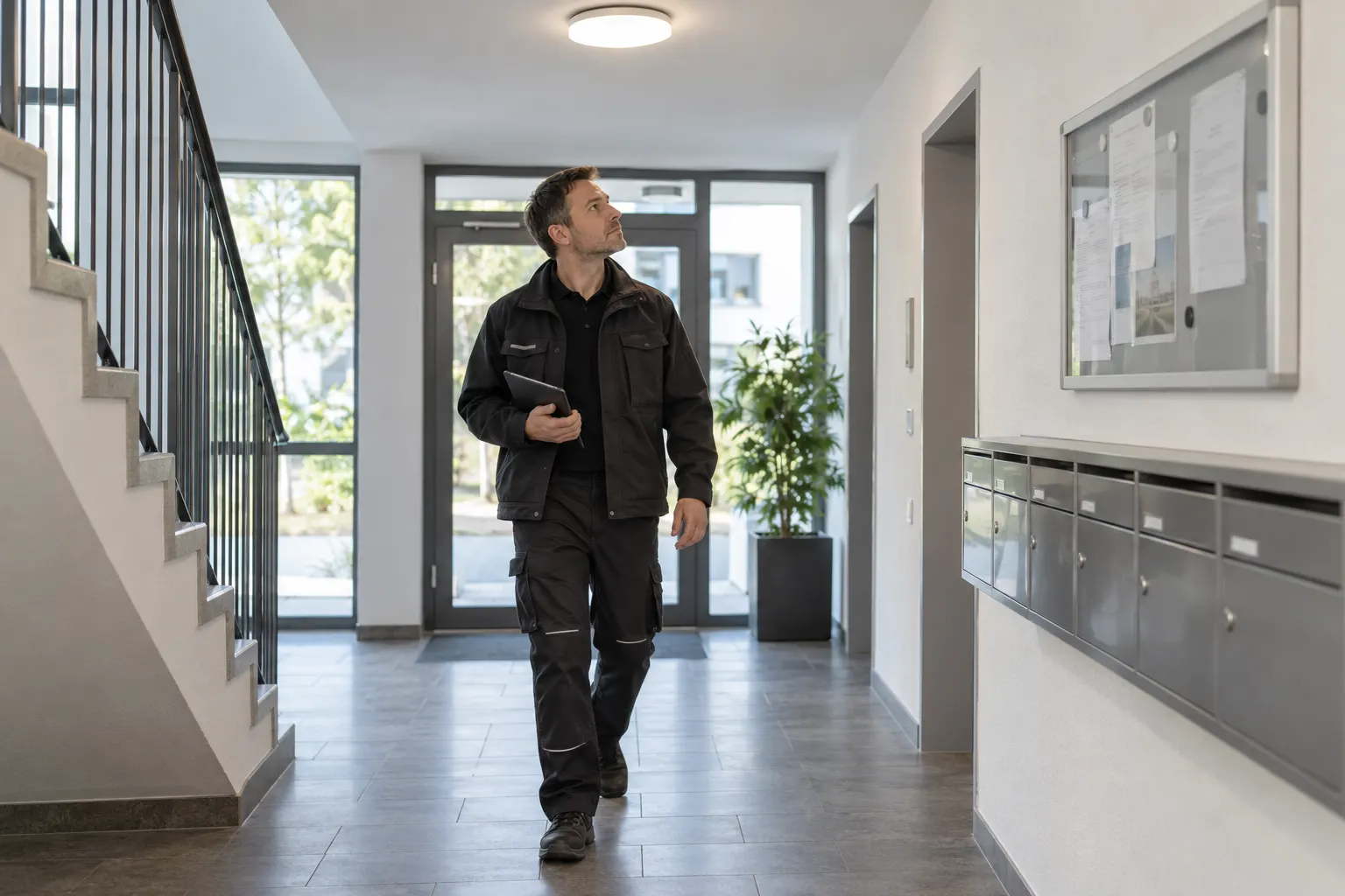 Hausmeister kontrolliert einen gemeinschaftlich genutzten Eingangsbereich