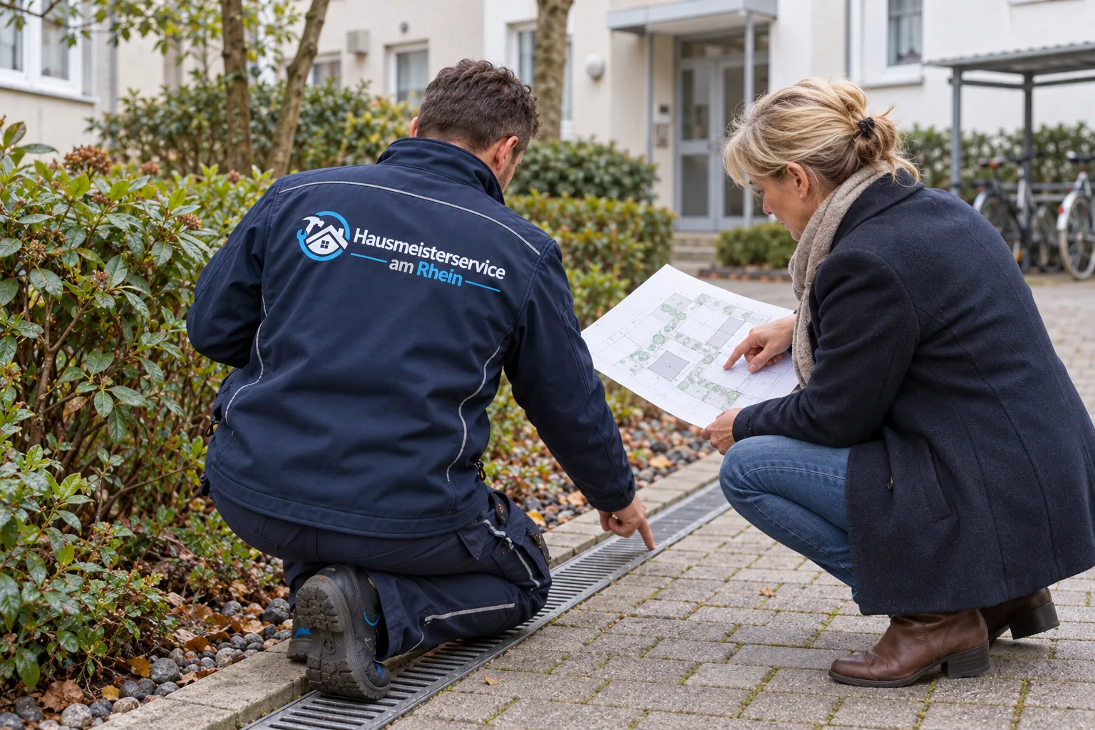 Hausmeister und Hausverwaltung prüfen gemeinsam einen Objektbereich