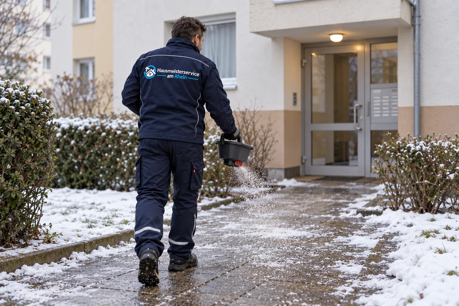 Hausmeister streut eine Zuwegung an einer Wohnanlage
